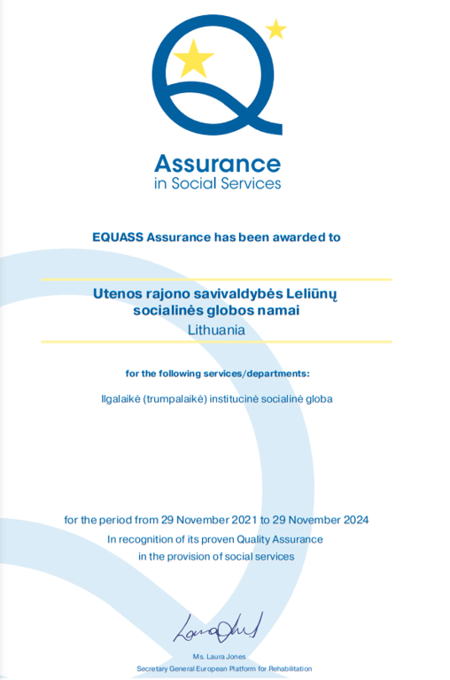 Leliūnų socialinės globos namams – EQUASS kokybės sertifikatas